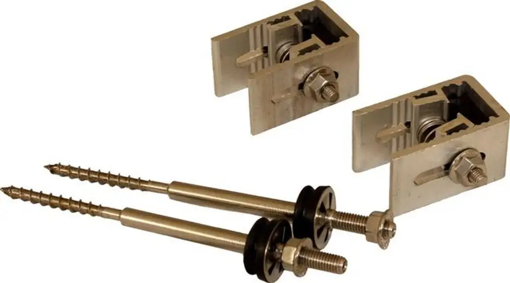 Set aus zwei Haltebügeln, gefertigt aus Metall, mit Schrauben und Unterlegscheiben. Geeignet für die Montage von Welldächern. Marke Wolf.